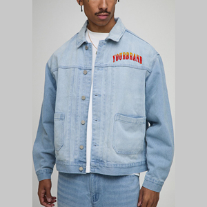แจ็คเก็ตยีนส์สีน้ำเงินวินเทจผ้าฝ้าย 100% ตัดเย็บตามสั่งสำหรับผู้ชาย ทรงโอเวอร์ไซส์ ไหล่ตก พิมพ์ลาย DTF ด้านหน้า สไตล์ฮิปฮอป สำหรับฤดูหนาว - Product Image 1