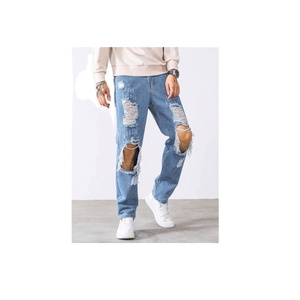 Jeans en denim déchirés pour homme, style streetwear, coupe droite, prix bas, haute qualité, coton lourd et écologique, élasthanne - Product Image 2
