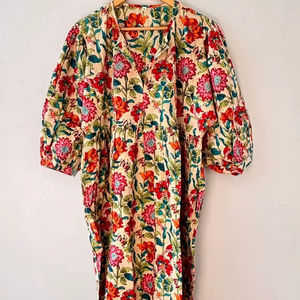 Bohemian Floral Cotton Midi <b>Tunic</b> Dress Handmade Summer Casual Outfit For Women - Product Image 1