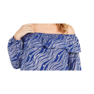 Top da donna Michael Kors taglie forti 2X, blusa e camicia blu stampata con volant e spalle scoperte - Product Image 2