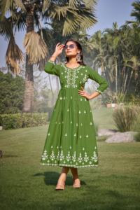 Designer Femme Maruti Mode Anarkali Kurti 16Kg Rayonne Slub 16Kg Fil de Coton Long Readymade Fantaisie Lakhnavi Indien Pakistanais - Product Image 5