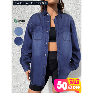 Paola Riboni Women Denim Jacket Oversized <b>Long</b> Sleeve Button Down Casual Streetwear <b>Coat</b> Outerwear Light Wash Loose Fit - Product Image 3