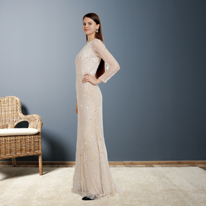 ชุดราตรีหรูหราแฟชั่นไฮเอนด์ แขนยาว ประดับเลื่อม สีแชมเปญ ดีไซน์เนอร์ งานปาร์ตี้ สำหรับผู้หญิง ขายดี - Product Image 4