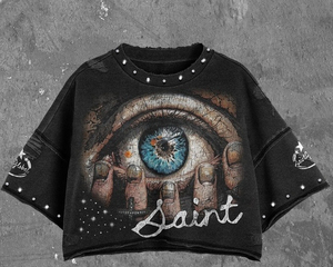 Custom 100 Cotton <b>Cropped</b> T Shirt For <b>Men</b> With Raw Edge Drop Shoulder DTG Screen Print Rhinestone Sun Faded Distressed Style - Product Image 6