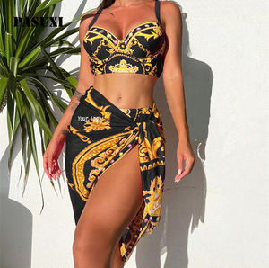 PASUXI 2025 Nova Cintura Alta Impressa Push up Biquíni Conjunto das Mulheres Sexy Três Peças Maiô Praia Encobrir - Product Image 1