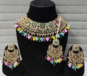 Bridal choker necklace set with earrings high quality kundan stones Anti Tarnish and <b>pearls</b> for wedding and party wear - Product Image 5