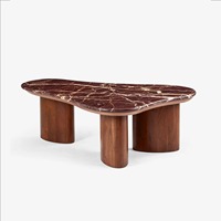 Table basse moderne de style italien en bois massif avec plateau en marbre, forme ovale unique, fabrication artisanale, contemporaine, salon, mobile