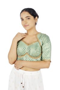 Chemisier Femme 100% Soie Tissé Formel Imprimé Floral Vert Brodé Manches Courtes Col Carré Crop Top Lavable Toutes Saisons - Product Image 4