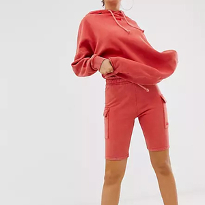 Tops largos de lavado ácido para mujer, conjunto de pantalones cortos con capucha de 2 piezas, patrón sólido, 100% algodón, ropa de calle de invierno - Product Image 5