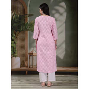 Kurta Recta con Estampado Floral para Mujer, Cuello en V, Algodón Puro con Decoración de Encaje, Producto de Primavera/Verano, Tallas Disponibles XL 4XL - Product Image 3