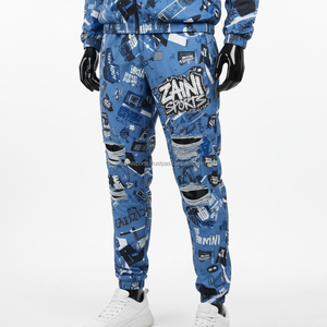 Premium 230 GSM tissu Polyester doux bleu imprimé Design Logo personnalisé impression par sublimation pantalons pour hommes lavés durables - Product Image 1