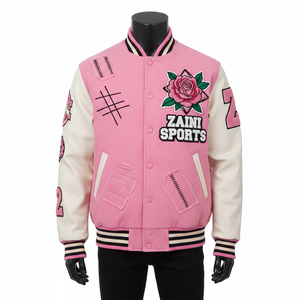 Veste universitaire pour hommes 2025, corps en mélange de laine 330 g/m² avec manches en cuir PU blanc, panneaux roses, écussons brodés, veste universitaire - Product Image 1