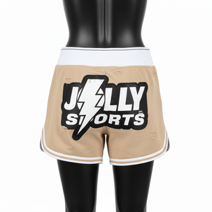 Shorts de sport pour femmes, 240 GSM, coton et polyester, polaire beige et blanc, panneau latéral, logo brodé personnalisé. - Product Image 2
