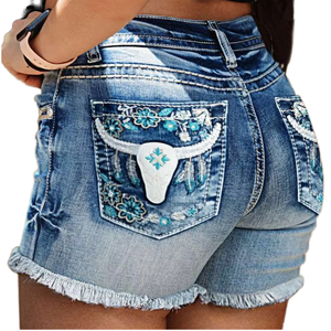 Shorts en jean vintage pour femme, taille haute, bleu, broderie tête de taureau, coupe droite, respirant, style western, vente en gros - Product Image 3