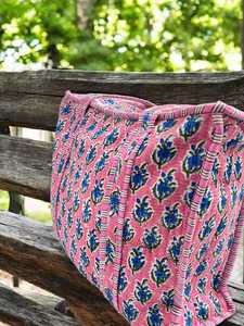 Handmade Block Printed Cotton Bag with Vibrant Pink Base Blue Floral Patterns Striped Trims Medium Weight Activewear Easy Wash - Product Image 2