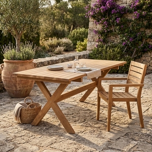 Outdoor Solid Teak Wood <b>Dining</b> Set X Base Rectangular Slatted Table Woven Rope <b>Armchairs</b> Patio Garden Setup Art Design Decor - Product Image 2