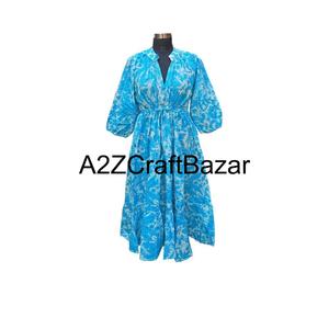 Robe midi florale vintage Himanshi faite à la main, manches longues, bloc de couleur, col en V sur le devant, coton respirant, coupe ample, décontractée, pour tous les jours - Product Image 2