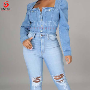 Chaquetas clásicas informales recortadas de mezclilla para mujer con cuello único, Chaqueta vaquera azul lavada con bolsillos abotonados para mujer - Product Image 3