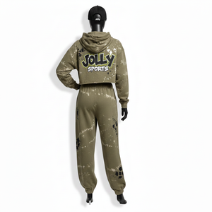Ensemble de survêtement pour femmes de qualité supérieure, tissu en molleton lourd 320GSM, lavage à l'eau de Javel olive, avec logo imprimé sur écran personnalisé, survêtements grande taille - Product Image 2