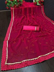 Georgette-saree-blusa bordada con encaje para mujer, blusa de Color liso para correr, ropa informal para fiesta, Saree - Product Image 3