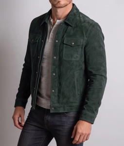 <b>Men's</b> Navy <b>Suede</b> Shirt <b>Jacket</b> Turn-down Collar Button Closure Casual Slim Fit Autumn Wear - Product Image 1