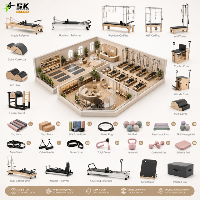 SK Commercial Pilates Reformer Machine Cadillac Barrel Chair Yoga Fitness Club Studio Full Set Design and Setup Solution