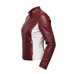 Veste de motard en cuir d'agneau véritable pour femmes, couleur marron et blanc, coupe ajustée - Product Image 2
