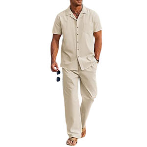 ชุดเซ็ตเสื้อเชิ้ตกระดุมและกางเกงขายาวทรงหลวม สีกากี สำหรับผู้ชาย สไตล์ลำลอง ระบายอากาศได้ดี เหมาะสำหรับฤดูร้อน ออกแบบตามสั่งได้ ขายส่ง - Product Image 3