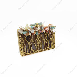 Handcrafted metal <b>clutch</b> with natural shell floral embellishment sculpted texture luxury evening wedding party <b>bag</b> accessory - Product Image 2