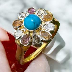 Anillo fino chapado en oro de Plata de Ley 925 a la moda, Diamante de corte Rosa rodolita turquesa Natural para regalo de fiesta de compromiso de boda - Product Image 5