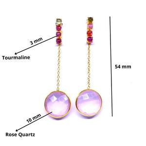 Wedding Wear 925 Sterling Silver Gold Plated <b>Rose</b> <b>Quartz</b> Gemstones Attractive Elegant Hanging Chain <b>Earrings</b> - Product Image 2