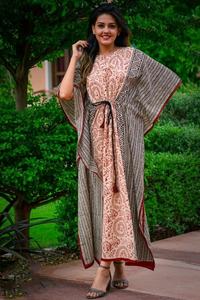 Handmade Indian Women's Kaftan <b>Dress</b> <b>Plus</b> <b>Size</b> Floor Length V-Neck Three Quarter Sleeve Summer Casual Woven Button Decoration - Product Image 3