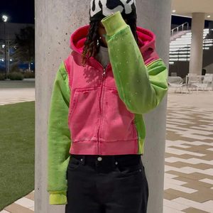 Sudadera Corta con Cremallera y Diseño Cuadrado, Estilo Urbano, Lavado Ácido, Desgastada, con Pedrería, para Hombre, Fabricación Personalizada - Product Image 5