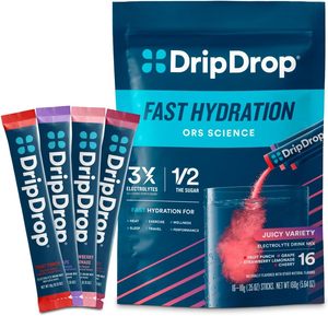 DripDrop Hydration Packets - Mezcla de Bebidas en Polvo Sabor Variado - Uva, Ponche de Frutas, Limonada de Fresa, Cereza, 16 Sobres - Product Image 1