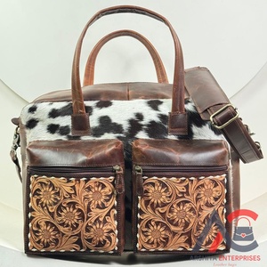 Custom Wholesale Multifunctional Large Size Hand Tooled Leather Zipper Pocket Mummy Nappy <b>Bag</b> Cowhide <b>Laptop</b> Compartment Handbag - Product Image 1