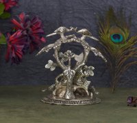 Radha Krishna assis à la main en métal plaqué argent, Statue Design sous l'arbre pour la décoration de la maison et les cadeaux