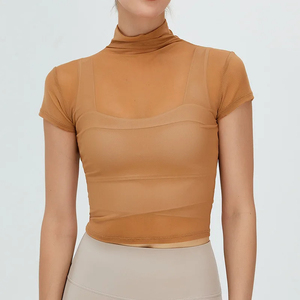 Camiseta informal de yoga para mujer Camiseta deportiva de cuello alto Malla transpirable Protección solar Jersey bordado - Product Image 3