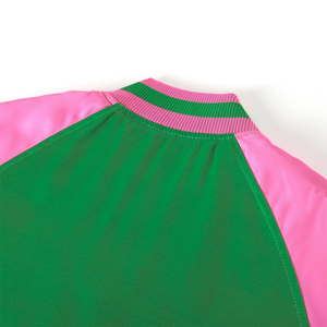 Blouson Bomber en Satin Vert et Rose Vif, Brillant, Style Fraternité Grecque, Streetwear, Imperméable, Réversible, Printemps, Varsity, Urbain, Bordures Côtelées - Product Image 4
