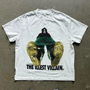 100% algodón suelto cuello redondo Vintage manga corta Camiseta de gran tamaño para hombres Jersey Casual con patrón impreso - Product Image 4