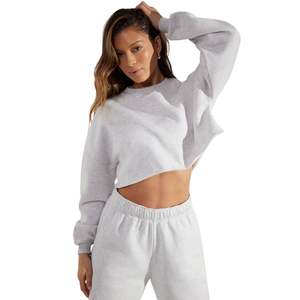 Custom Logo Women's Cotton Drop Shoulder Solid Plus Size High Street Cropped Pullover <b>Hoodies</b> Raw Hem Cut Edge Long Sleeve Sweat - Product Image 1