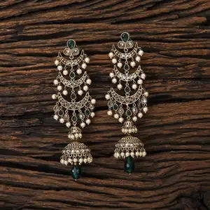 Antique Handmade Chand Style Long Jhumki Earrings With Mehndi Plated Wholesale Jewelry 17119 Green