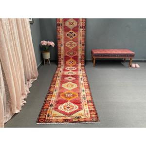 Vintage Turkish <b>Runner</b> Rug 2.8x13.5 ft, Herki <b>Red</b> Wool Rug - Product Image 1