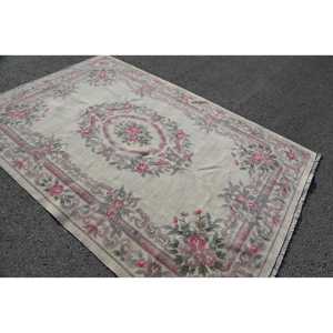 Tapis en laine turque écologique patchwork 5,9x8,9 pi (180x270 cm) beige avec support en latex, tapis vintage - Product Image 2