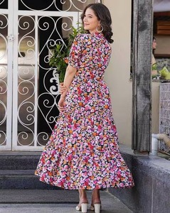 Robe de mariée imprimée florale en coton indien fait à la main élégante longue tenue de fête avec taille naturelle tissée mode d'été pour les femmes - Product Image 2