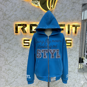 Trending Fashion Premium Quality Zipper Distressed Hoodie <b>Rhinestone</b> Zip up <b>Jacket</b> Acid Wash Men Fleece Streetwear Hoodie - Product Image 4