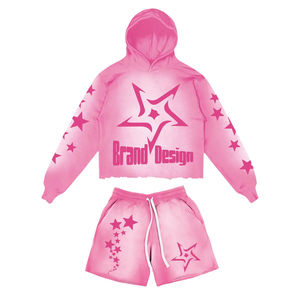 Conjunto de Sudadera con Capucha y Pantalones Cortos para Hombre, Estilo Desgastado, Estampado, 100% Algodón, Felpa Francesa, Liso, Desteñido al Sol - Product Image 3