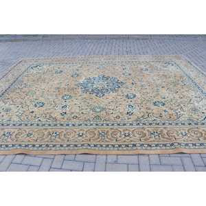 Tapis vintage surdimensionné 13,1 x 9,5 pieds, tapis turc en laine bleu et marron à bordures - Product Image 3