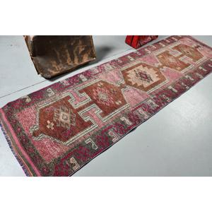 3.1x10.7 ft Rug, Vintage Turkish Rug, <b>Red</b> Herki <b>Wool</b> Rug - Product Image 2
