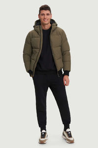 Personnalisé moka longueur régulière doudoune capuche fixe côtes manchette côtes ourlet poches zippées garniture en fourrure élégant chaud hiver extérieur hommes - Product Image 4