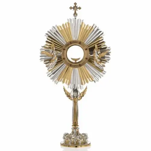 Monstrance Metal Handmade Reliquary With Antique Brass Finishing Round Shape Embossed Floral & Woman Design Blessed Sacraments